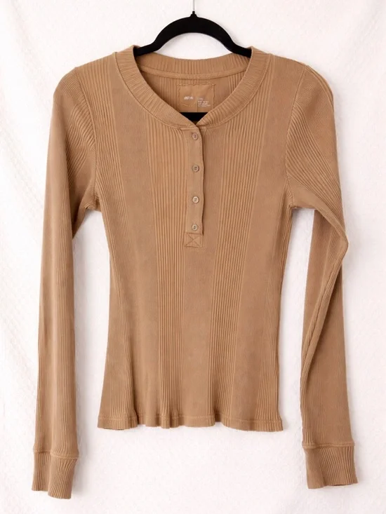 Aerie Ribbed Long Sleeve Henley Top Taupe Brown Size Large - Picture 1 of 5